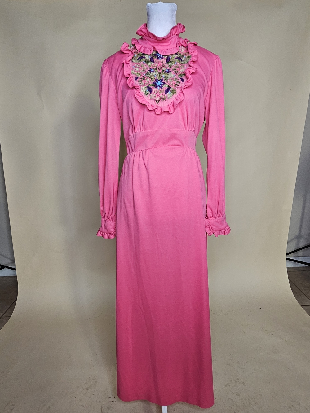 1970s Vintage Pink Ruffle High-Neck Maxi Dress with Embroidered Yoke